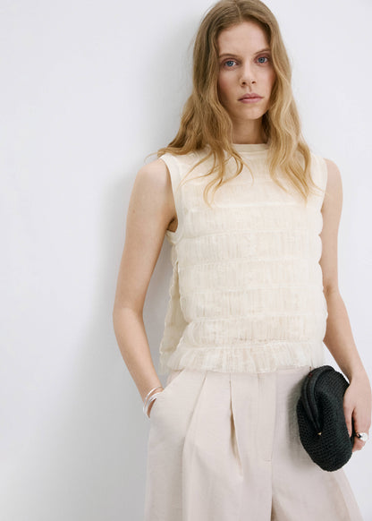 Ruched mixed fabric top