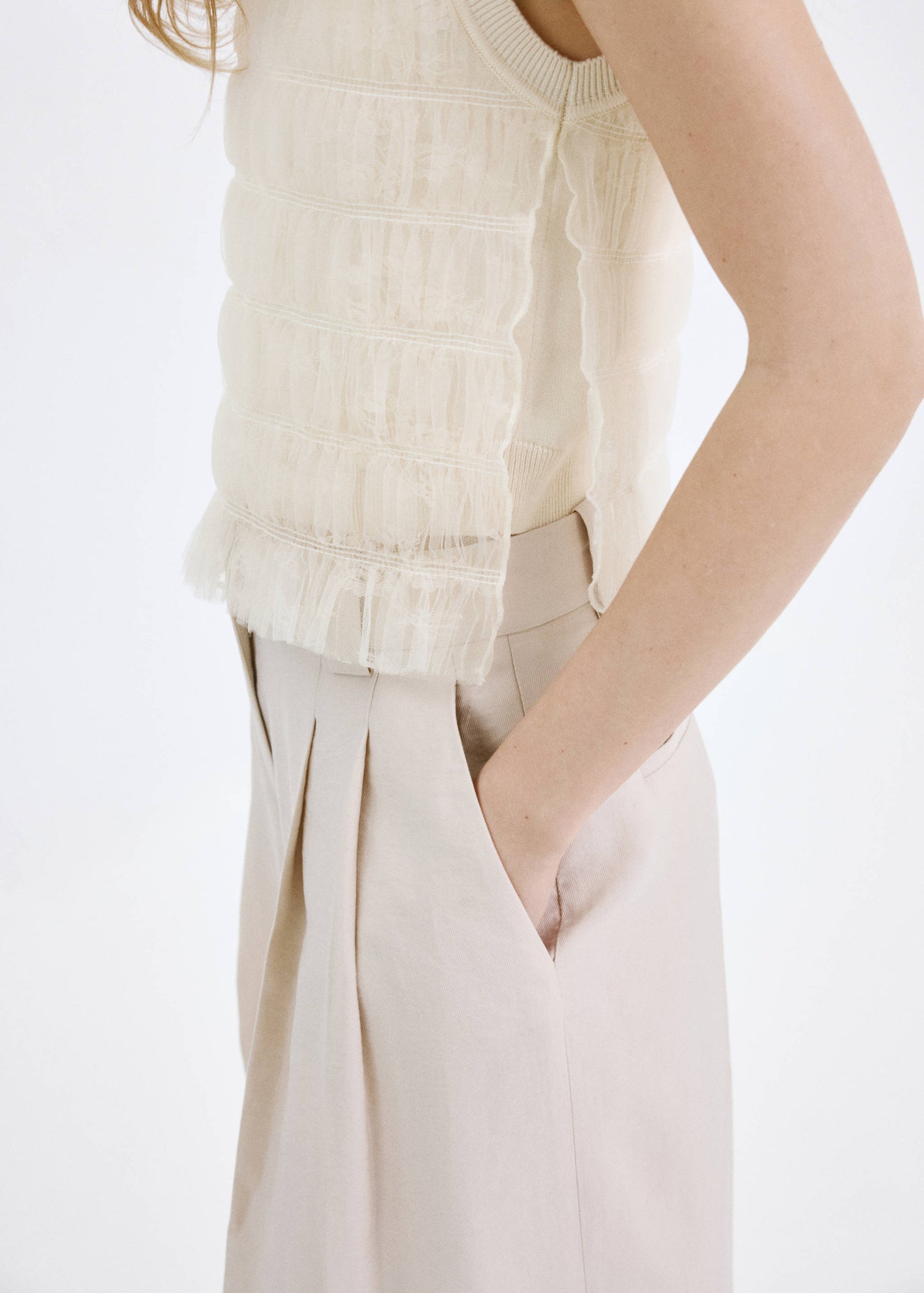 Ruched mixed fabric top