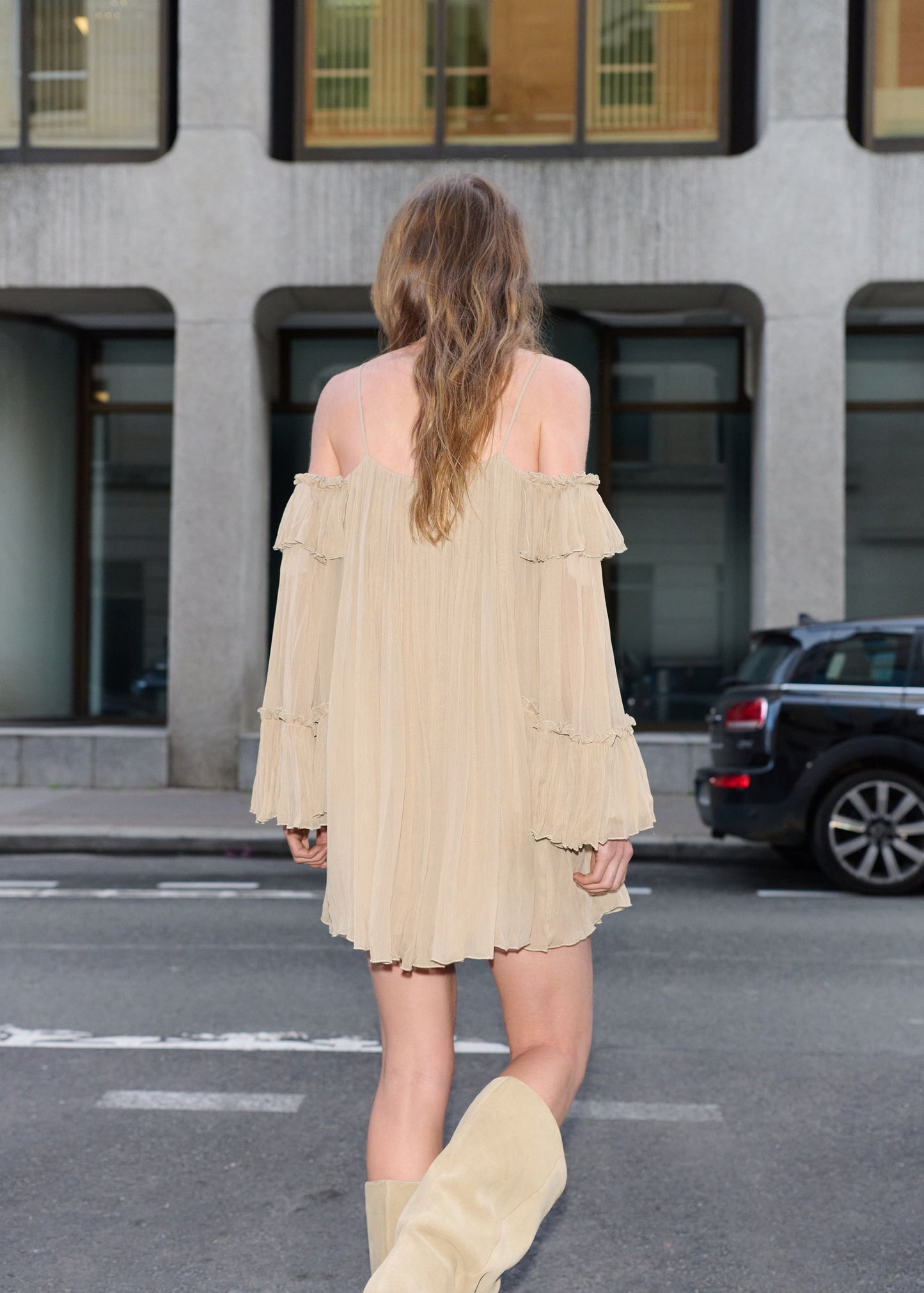 Pleated short dress with bateau neckline
