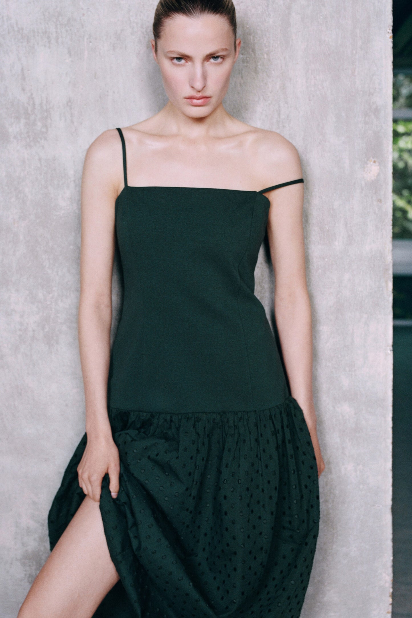Polka-dot sculpted dropped-waist dress