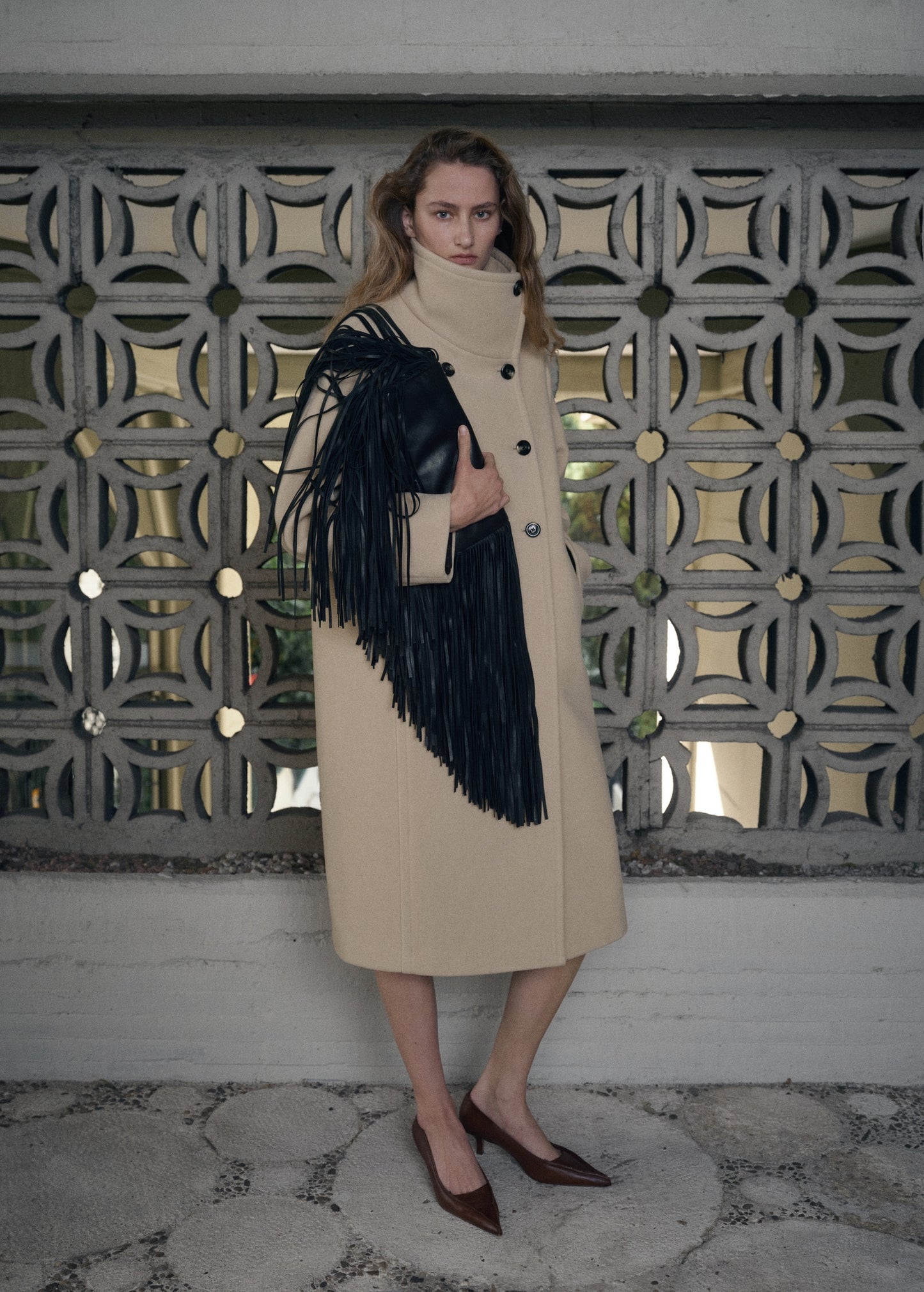 Wool-blend funnel-neck coat