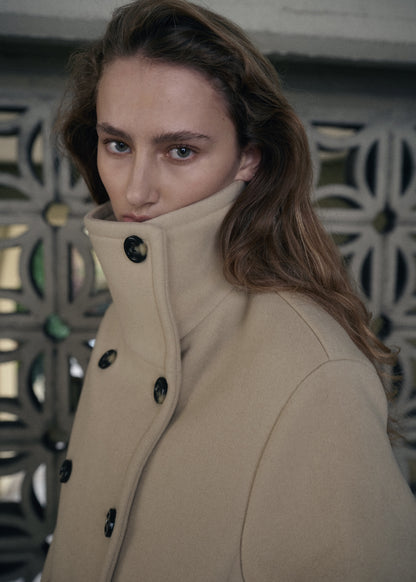 Wool-blend funnel-neck coat