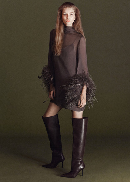 Feathered dress with bell sleeves