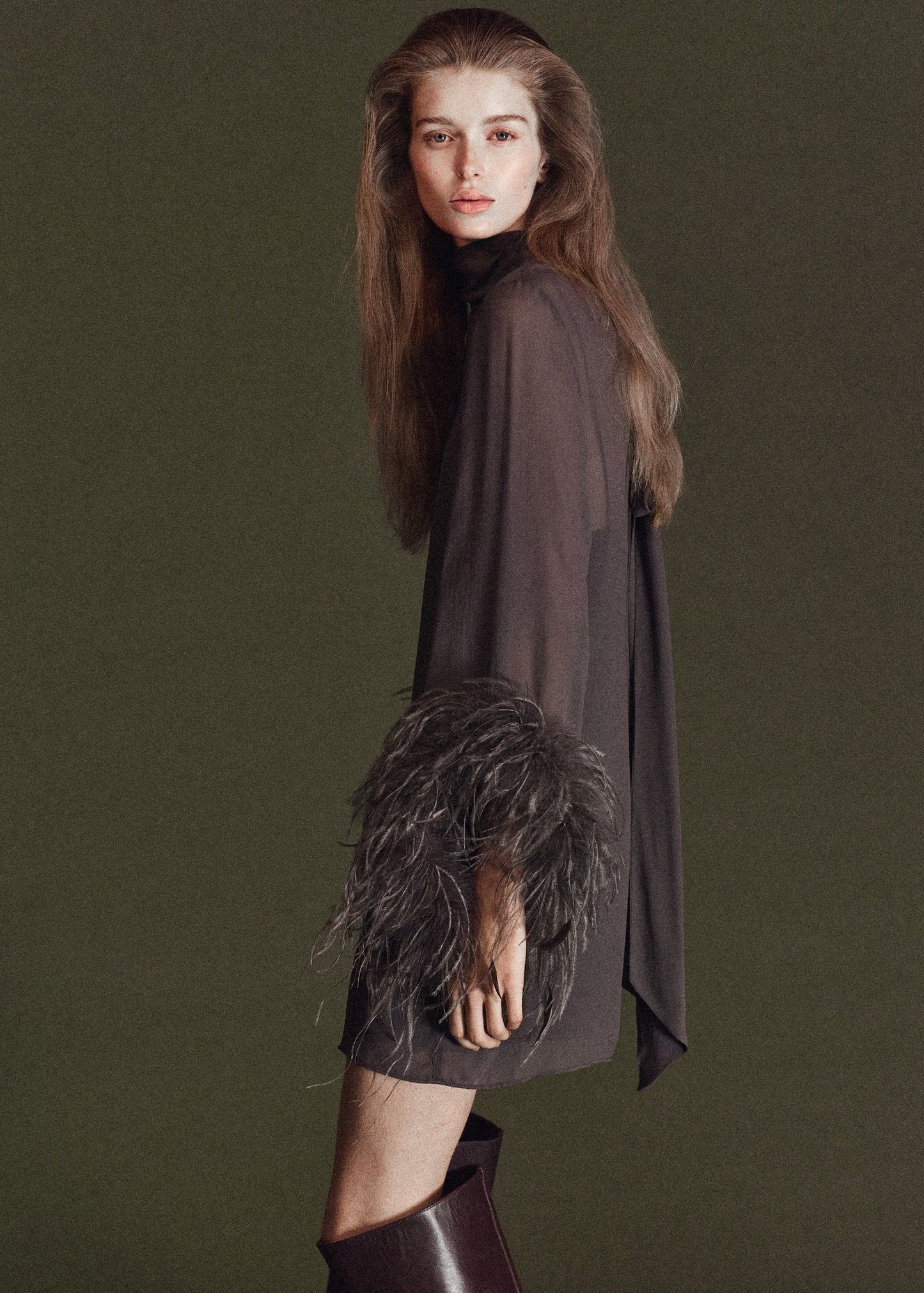 Feathered dress with bell sleeves