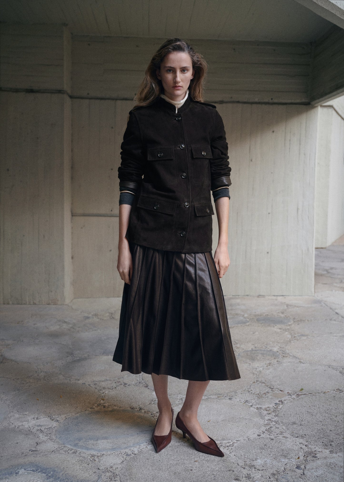 Suede jacket with strap collar