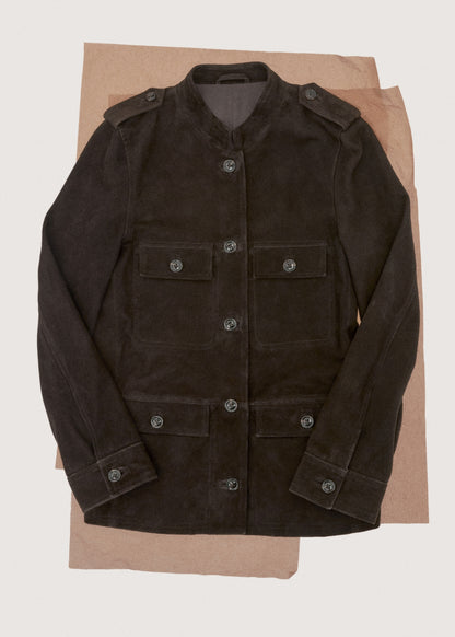 Suede jacket with strap collar