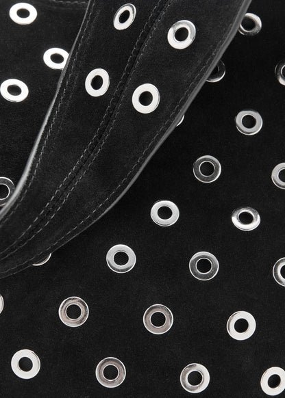 Leather drawstring bag with eyelets