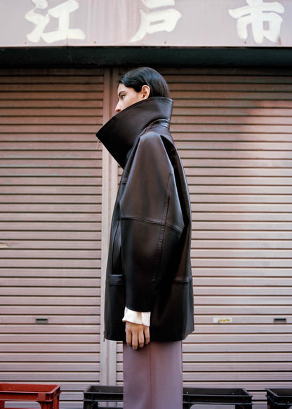 100% leather oversized funnel neck coat