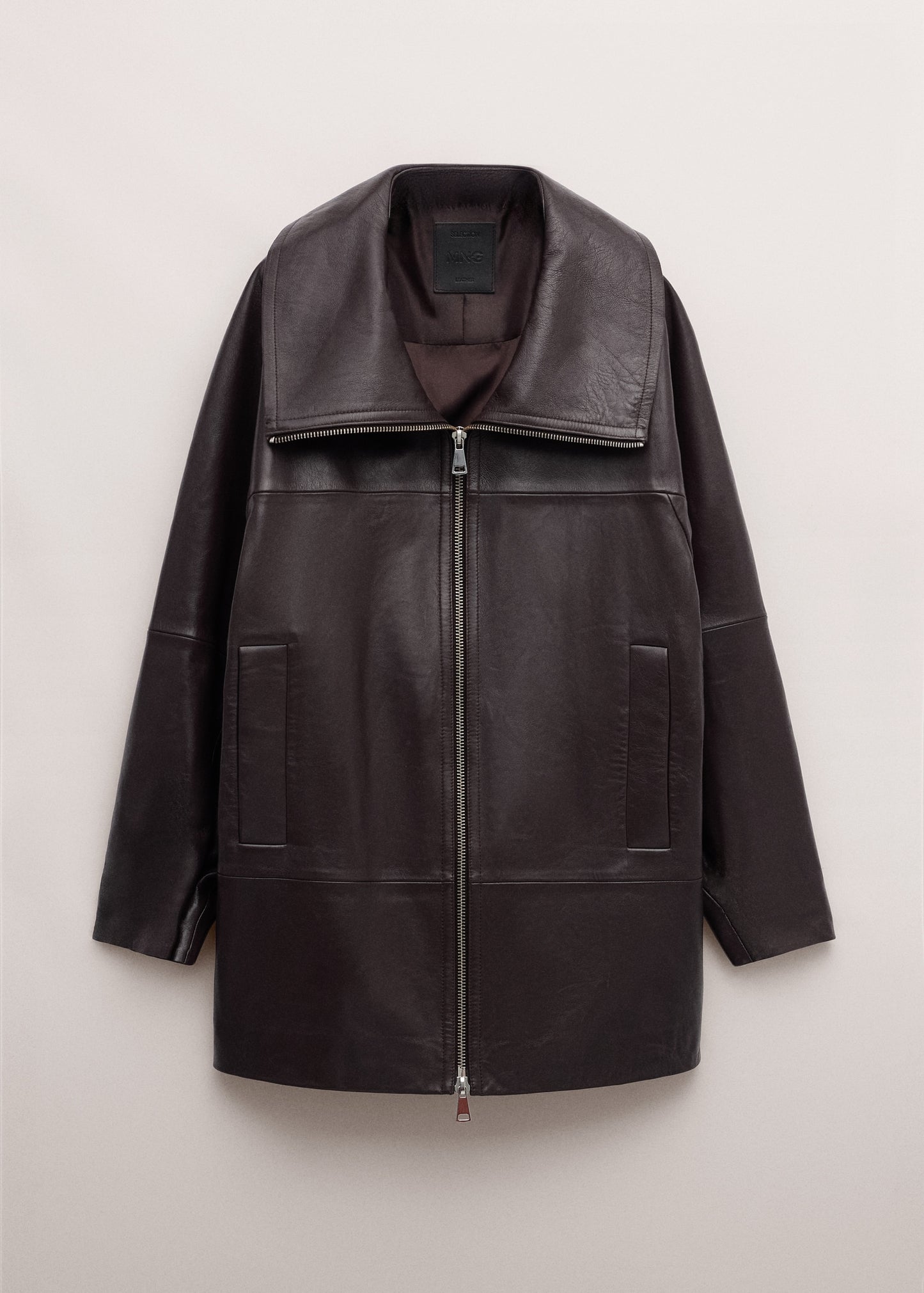 100% leather oversized funnel neck coat