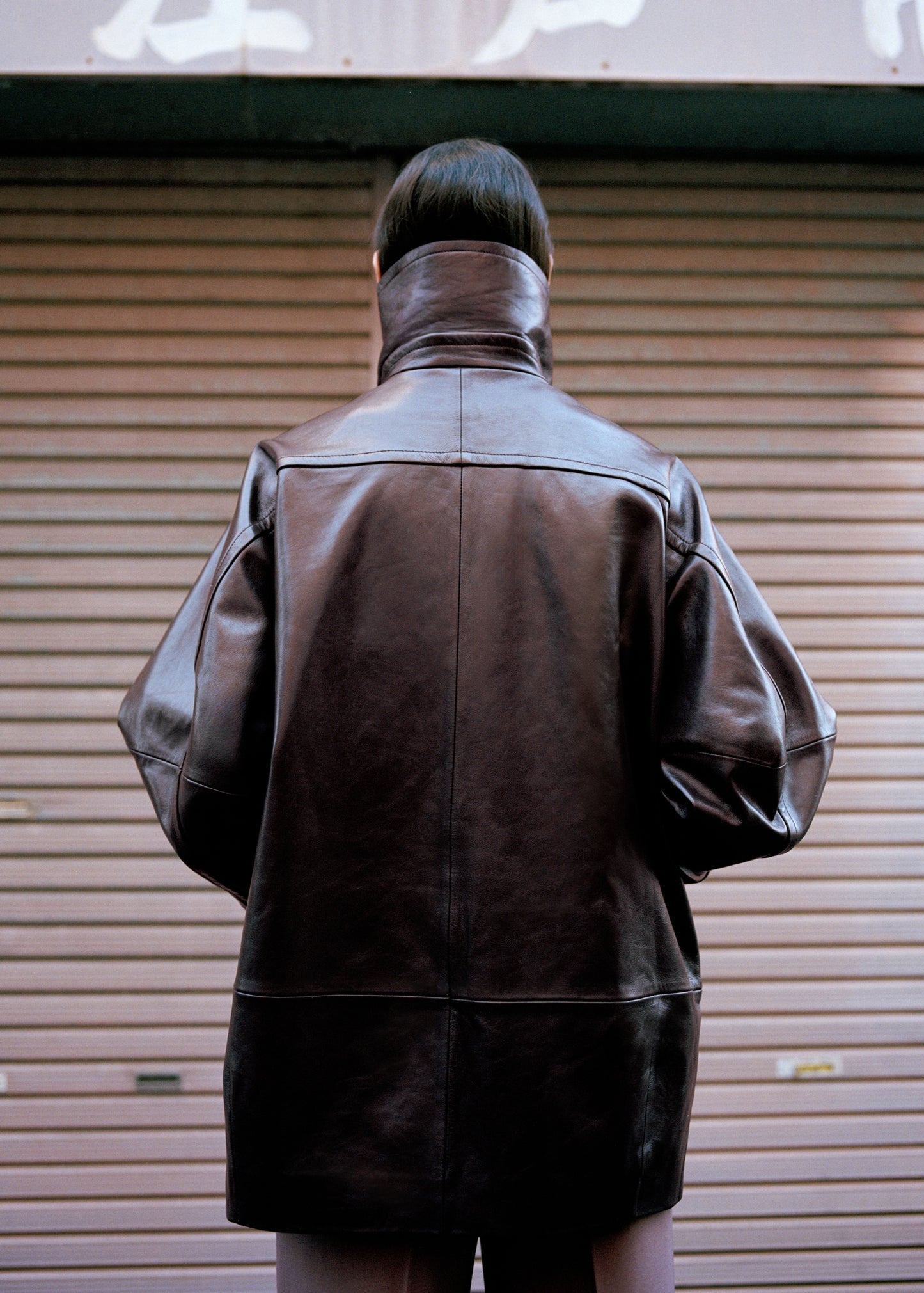 100% leather oversized funnel neck coat