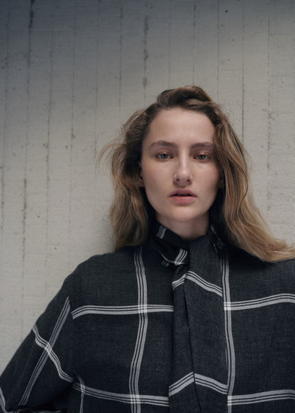 Blouse with check pattern and foulard collar