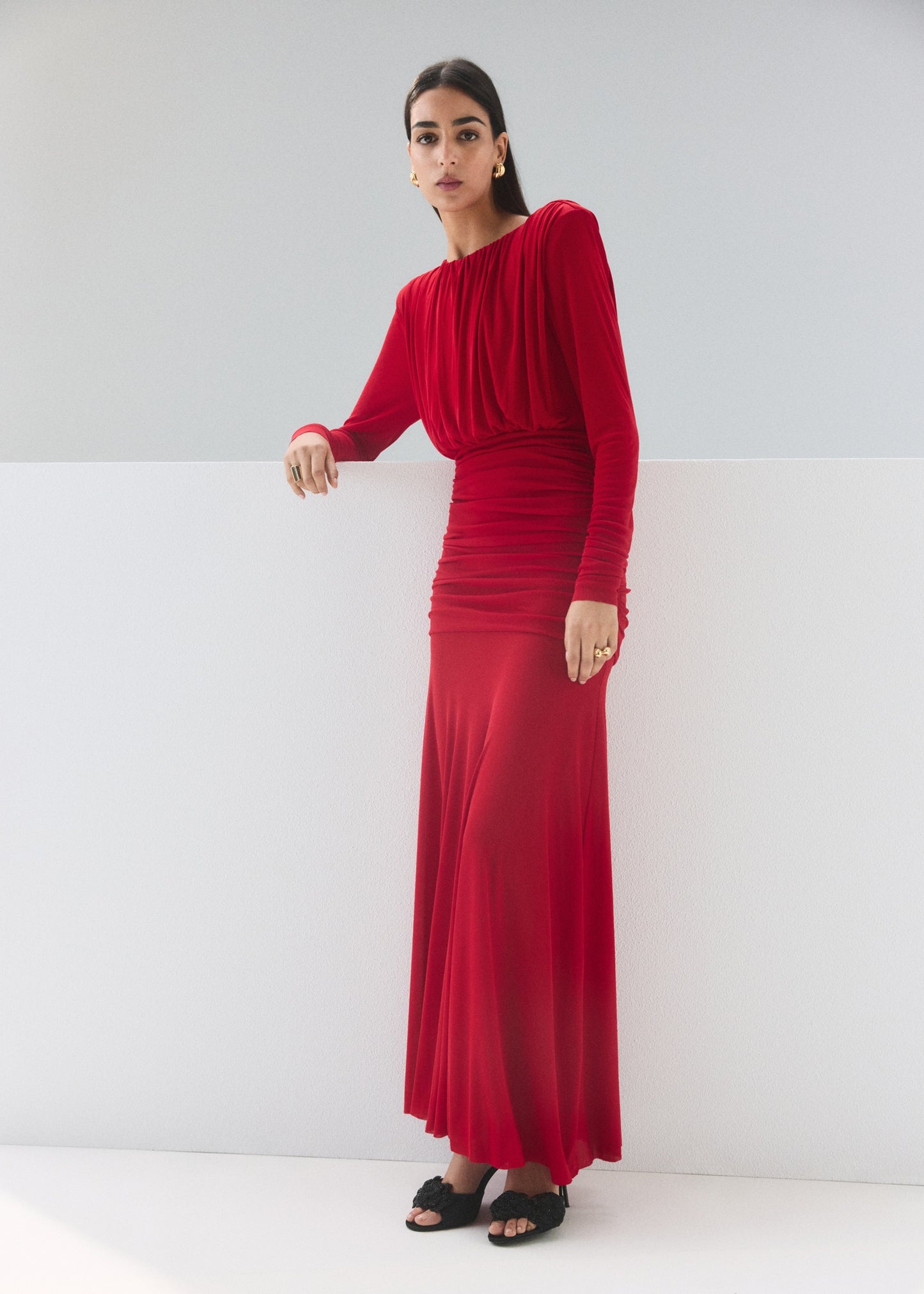 Fine knit dress with draped bodice