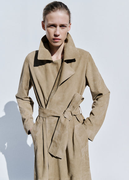 Long suede trench with belt
