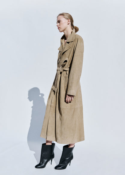 Long suede trench with belt
