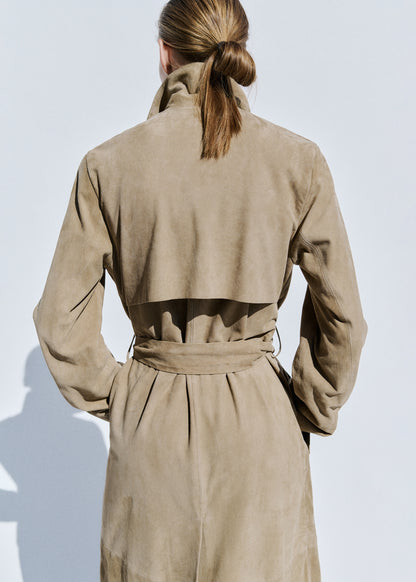 Long suede trench with belt