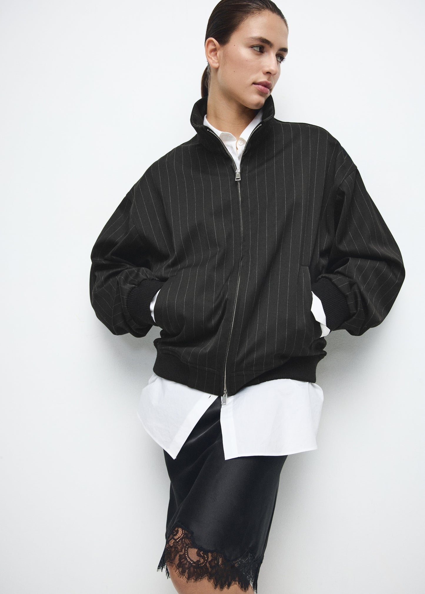 Pinstripe bomber jacket
