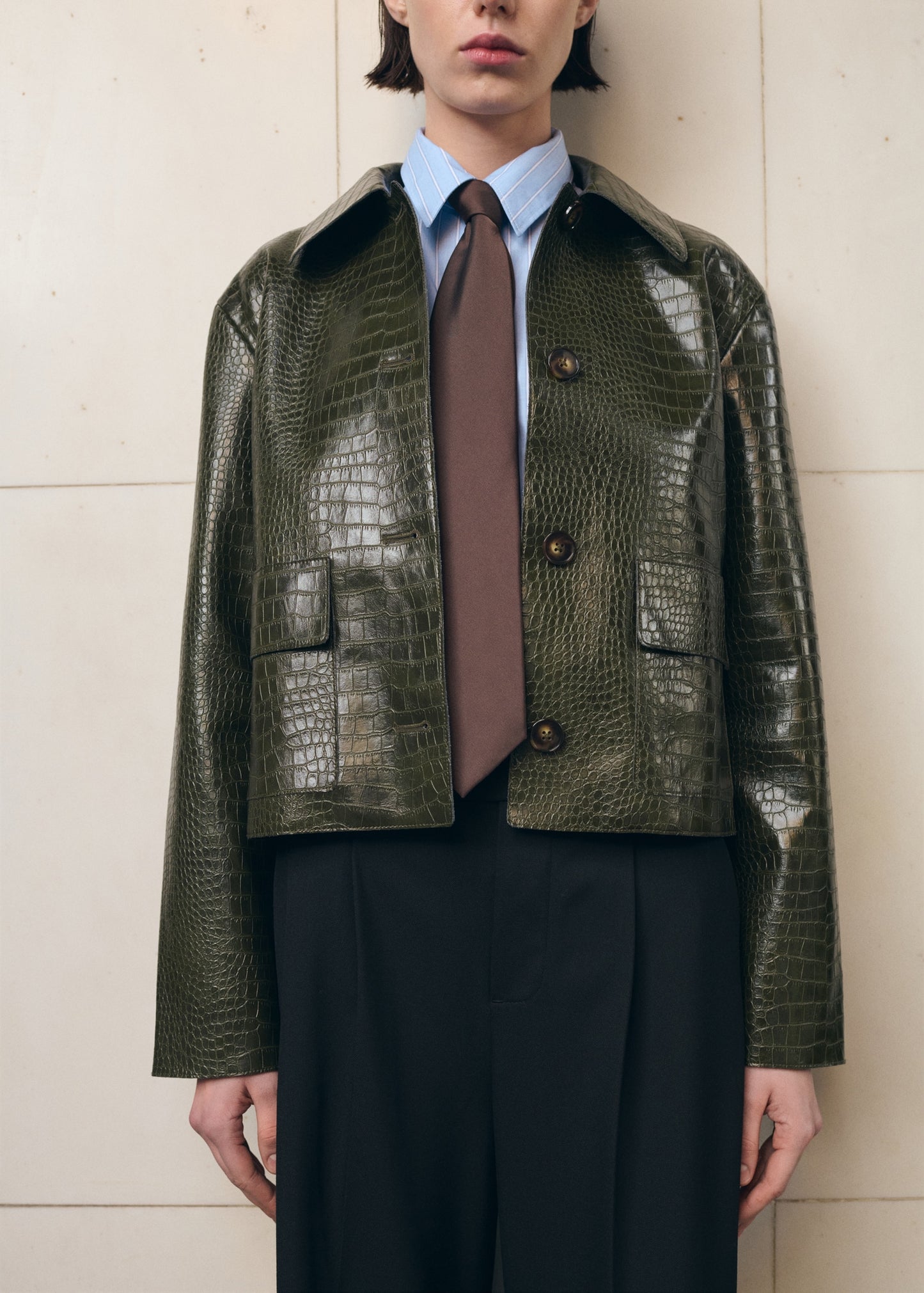 Croc-effect faux leather jacket