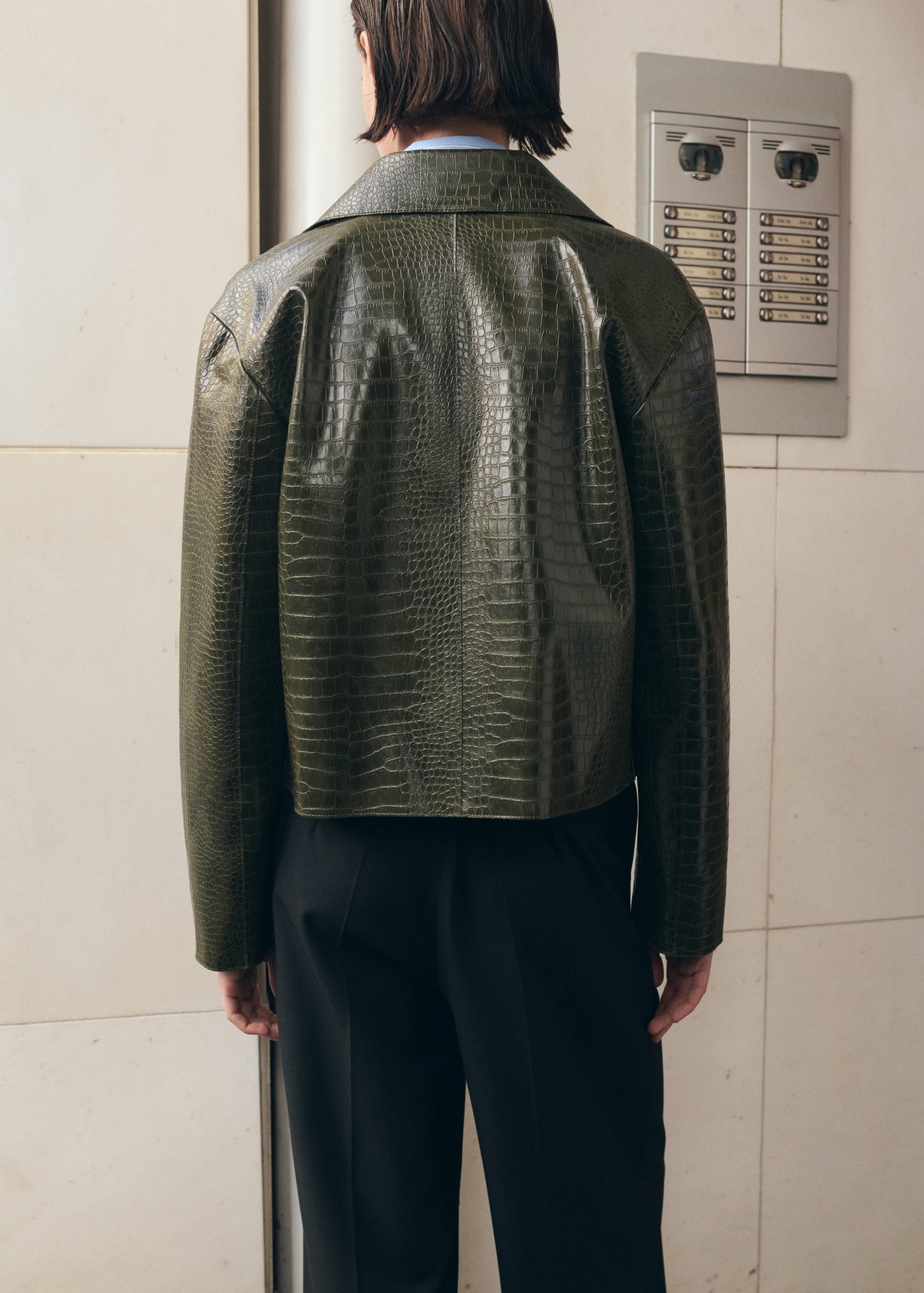 Croc-effect faux leather jacket