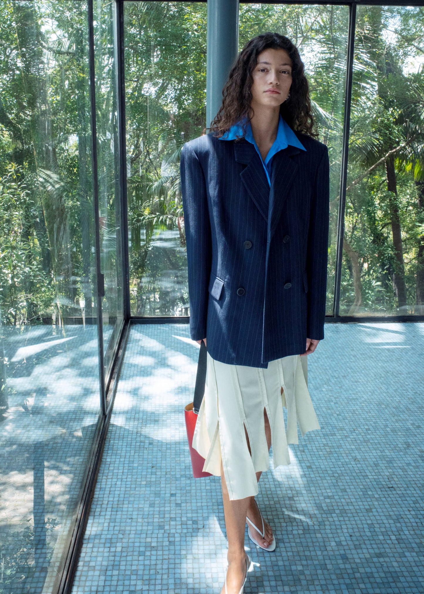 Midi skirt with pleated asymmetric hem