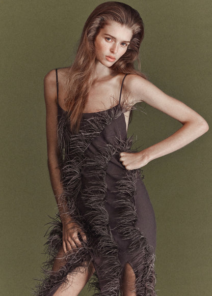 Feather dress with fringed hem