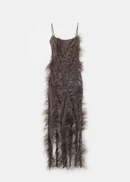 Feather dress with fringed hem