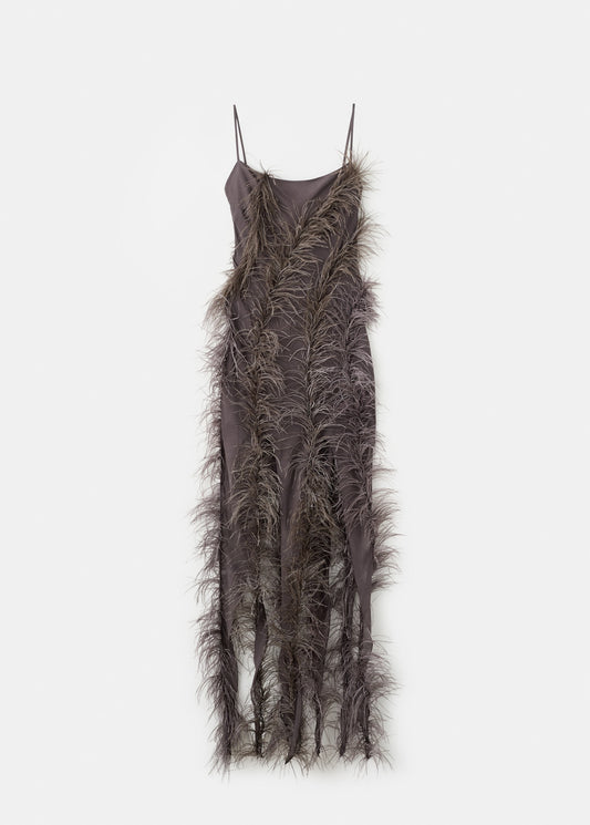 Feather dress with fringed hem