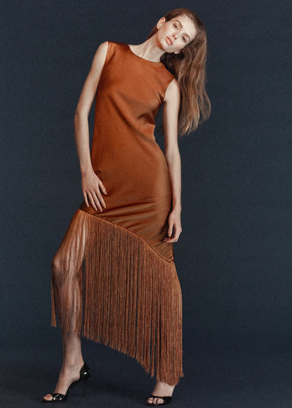 Asymmetrical satin dress with fringes