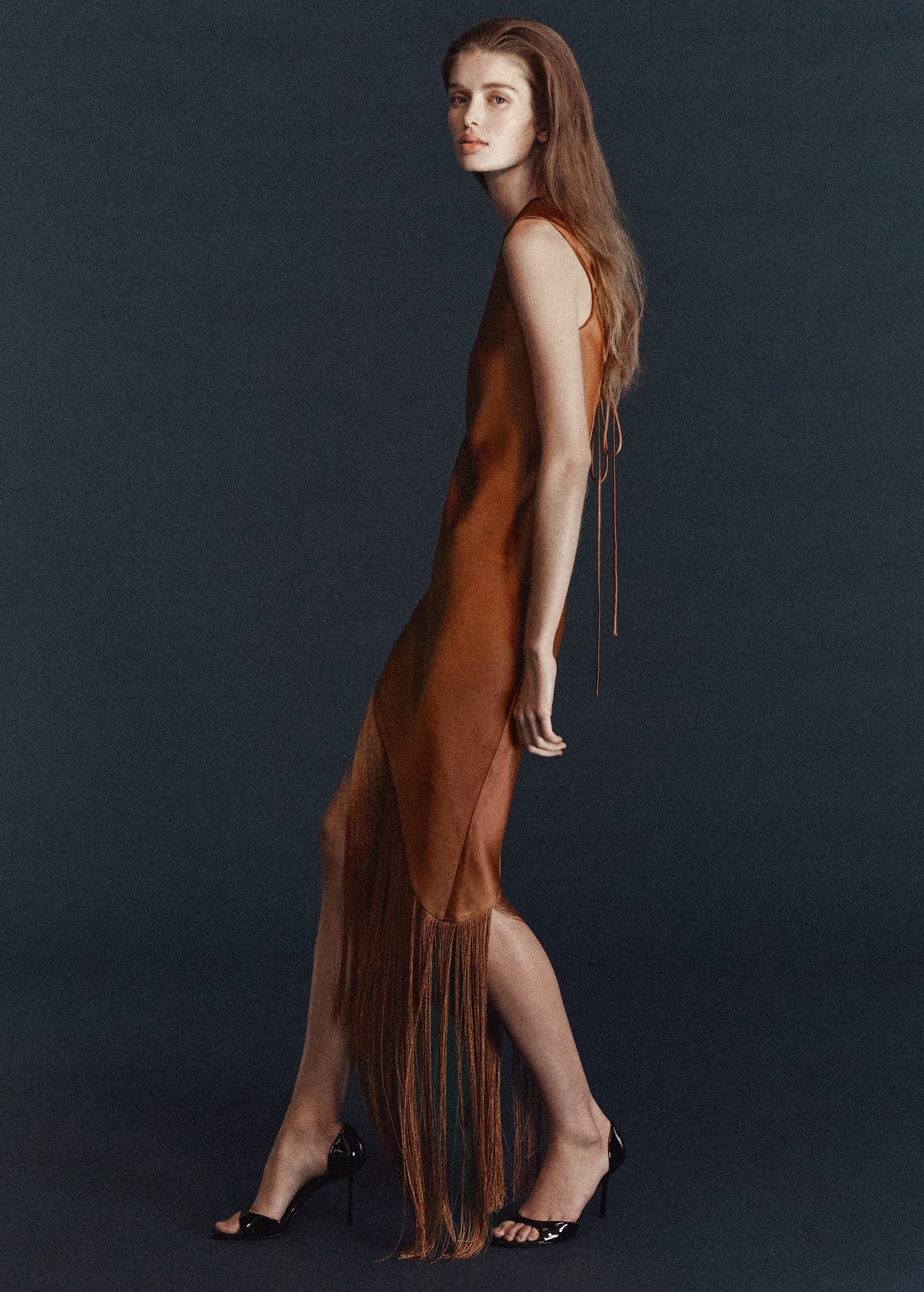 Asymmetrical satin dress with fringes