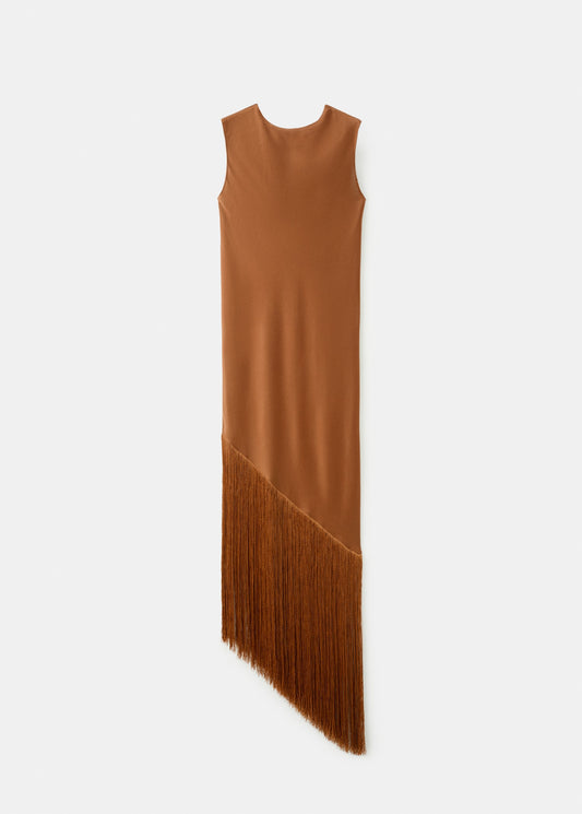 Asymmetrical satin dress with fringes
