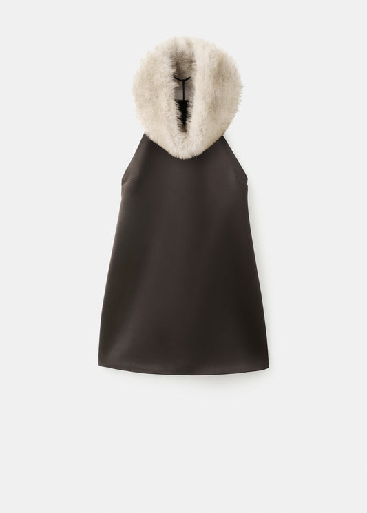 Satin dress with faux-fur collar