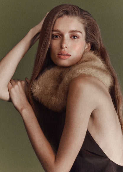 Satin dress with faux-fur collar