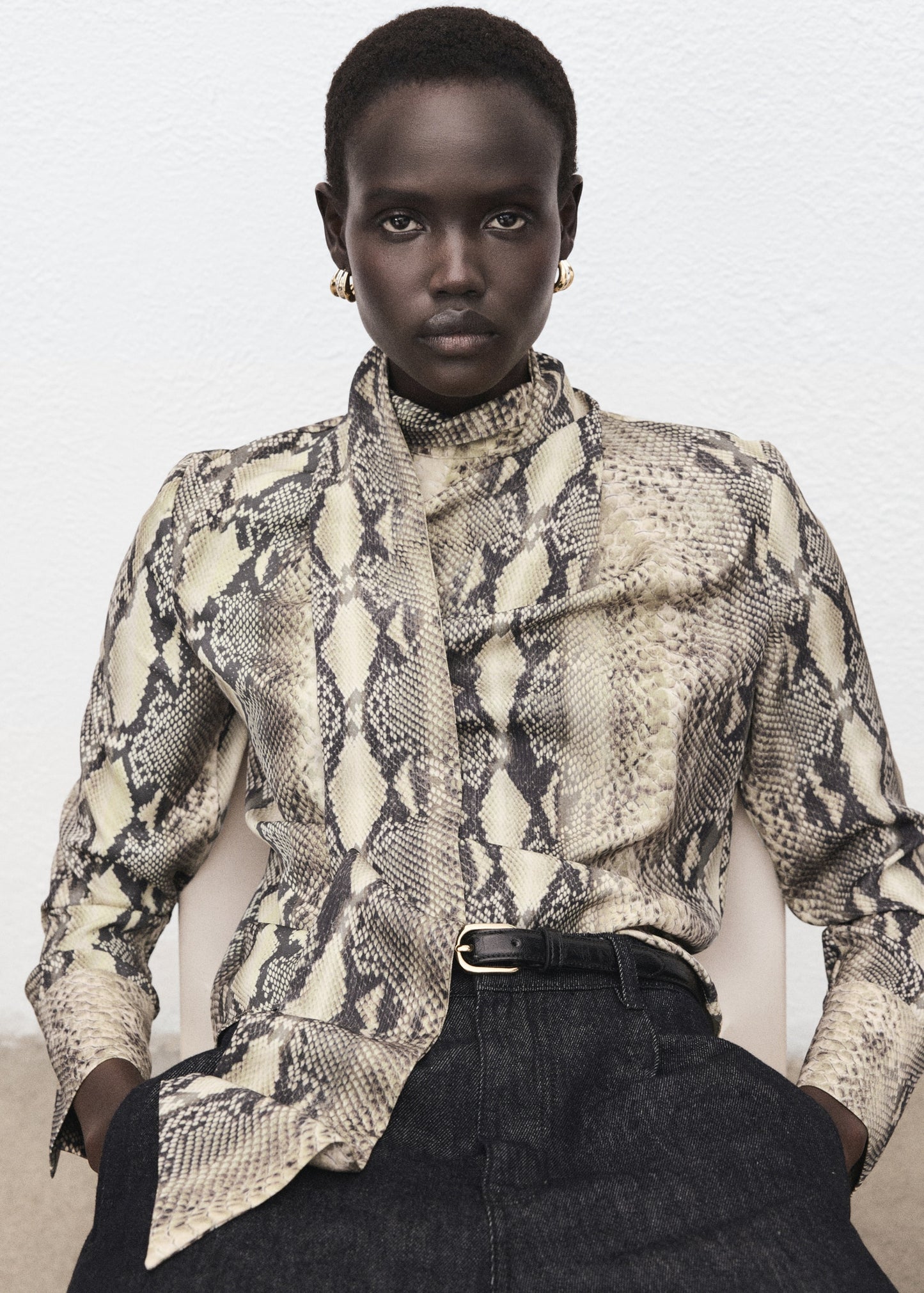 Animal-print blouse with scarf