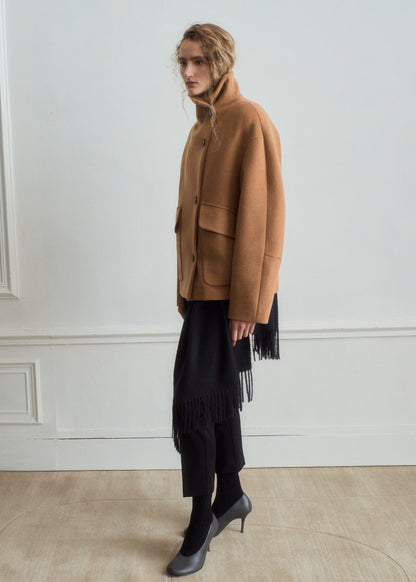 Wool-blend funnel-neck coat