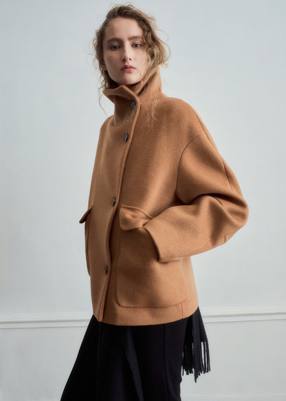 Wool-blend funnel-neck coat