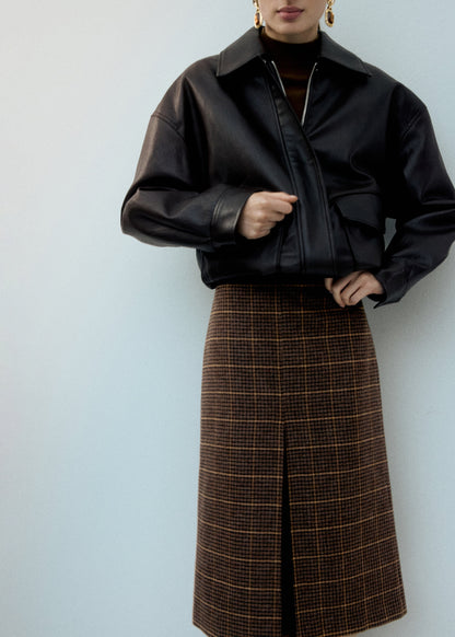 Wool-blend check midi-skirt