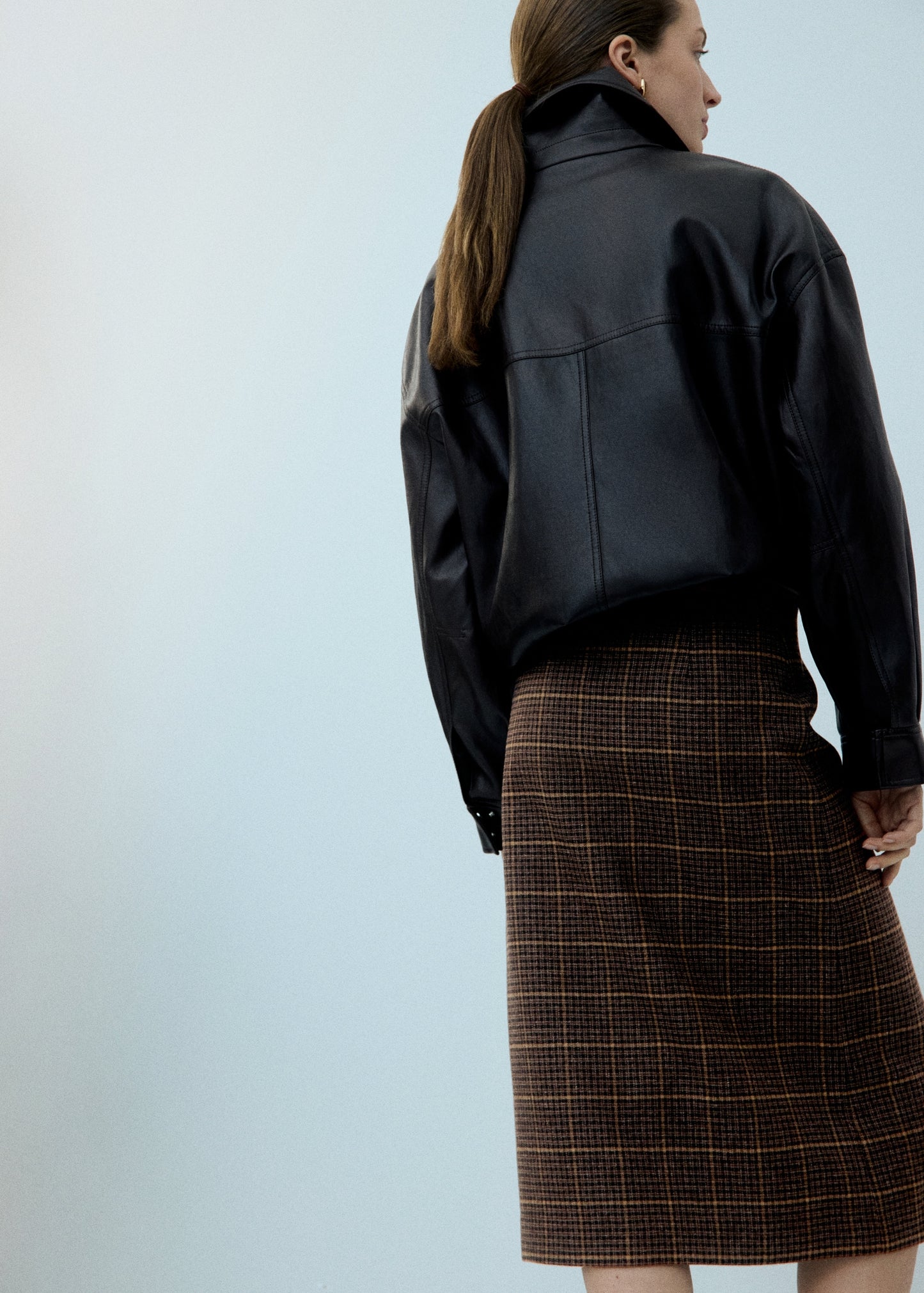 Wool-blend check midi-skirt