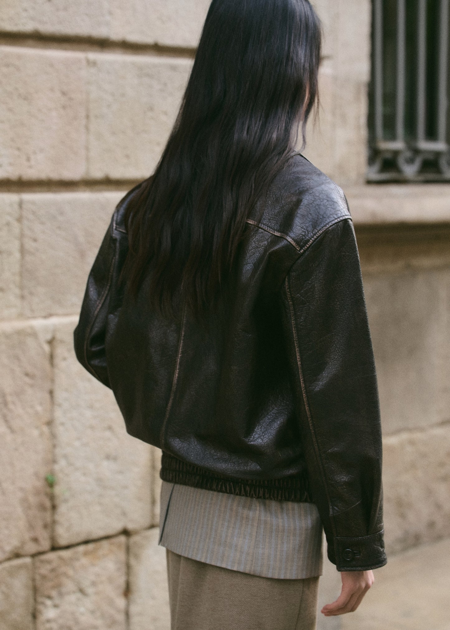 Oversized leather jacket with lapels