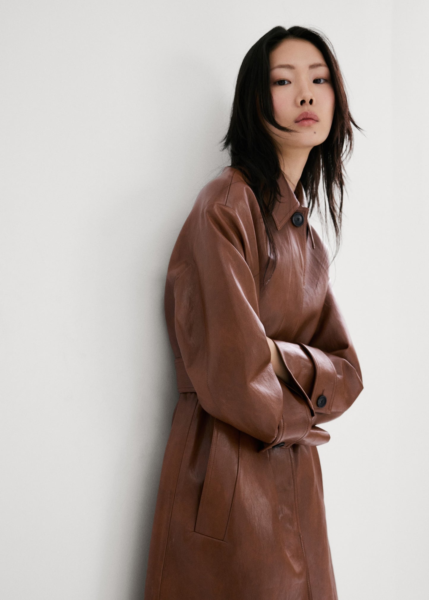 Long faux-leather trench coat with belt