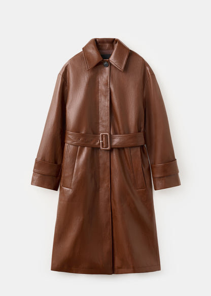 Long faux-leather trench coat with belt