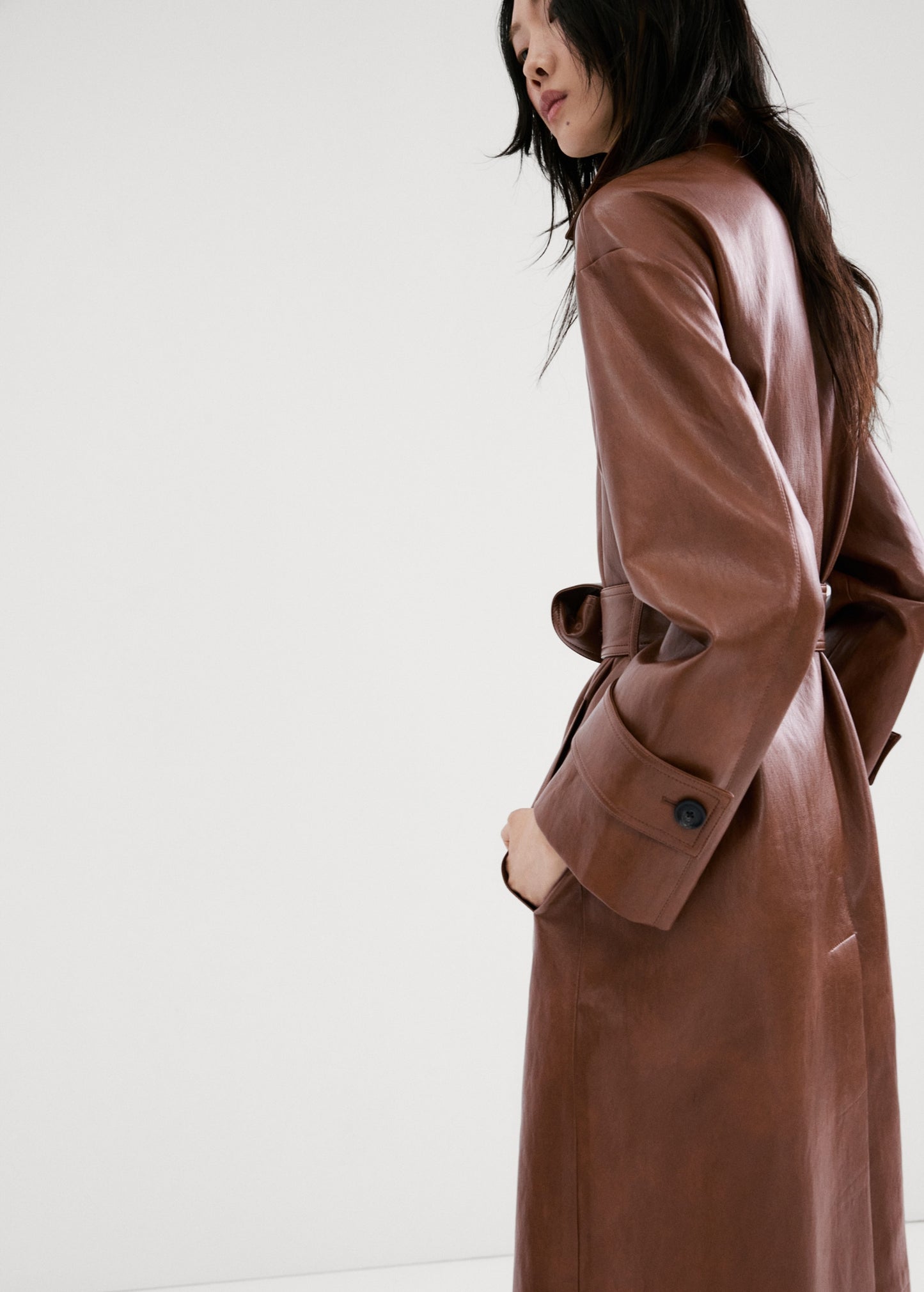 Long faux-leather trench coat with belt