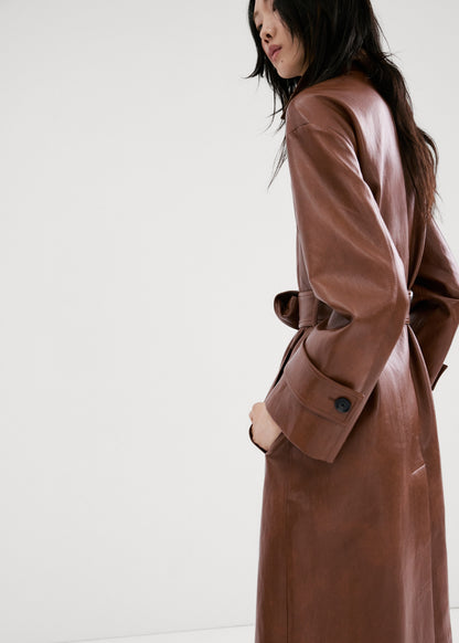 Long faux-leather trench coat with belt