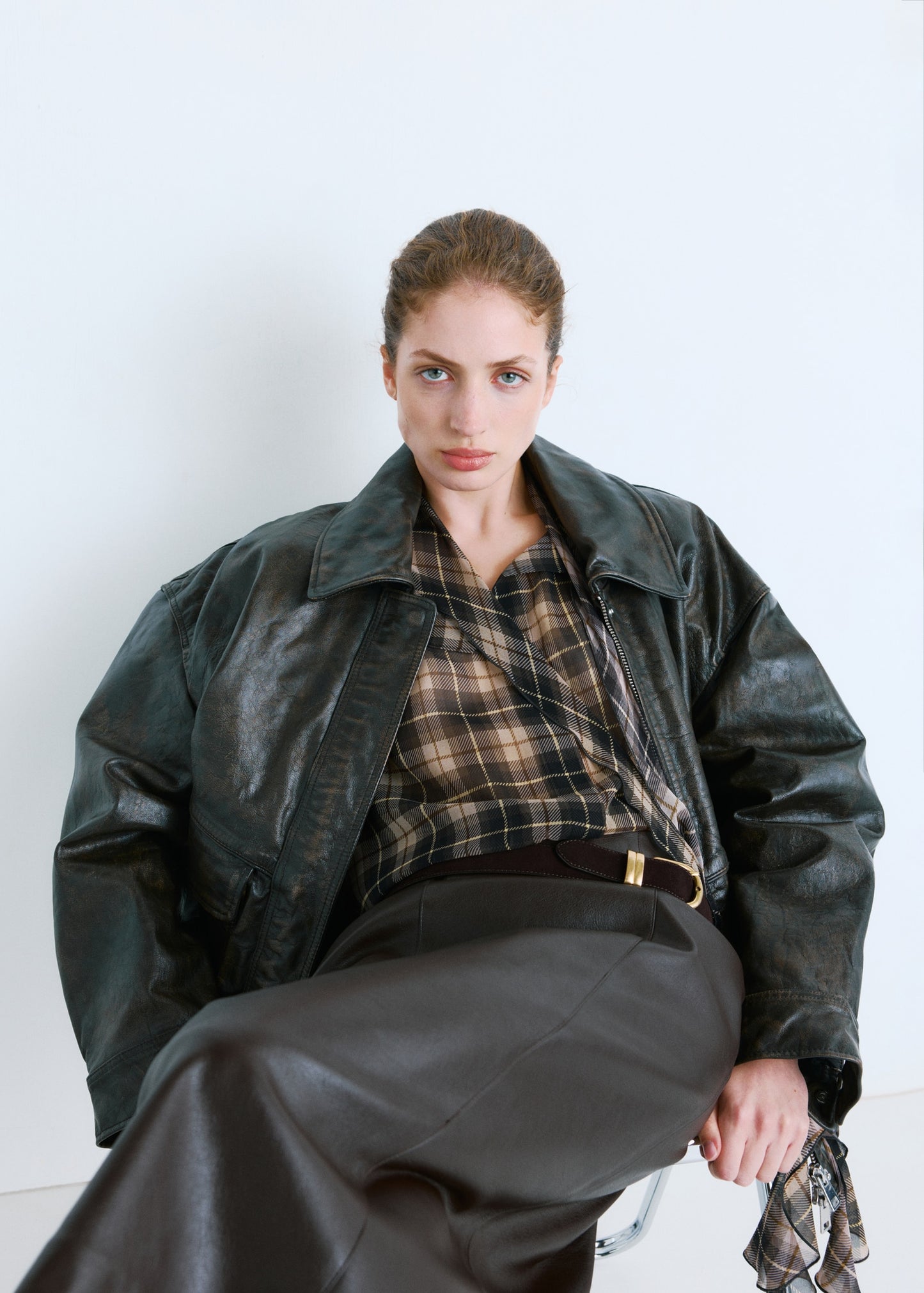 Blouse with check pattern and foulard collar