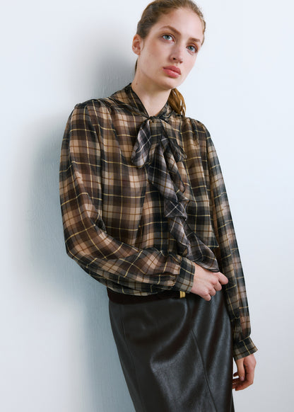 Blouse with check pattern and foulard collar