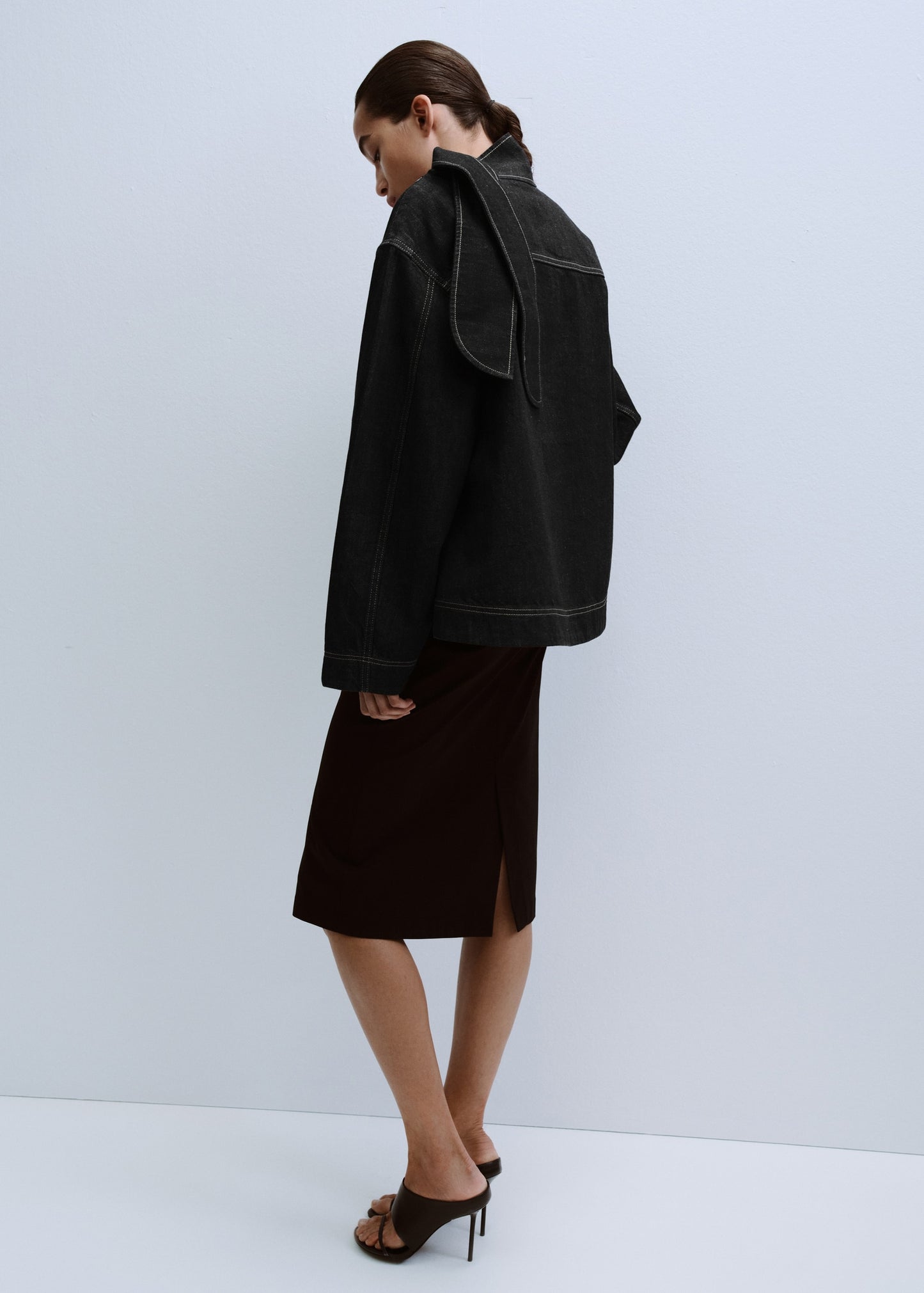 Denim blouse with knot neck