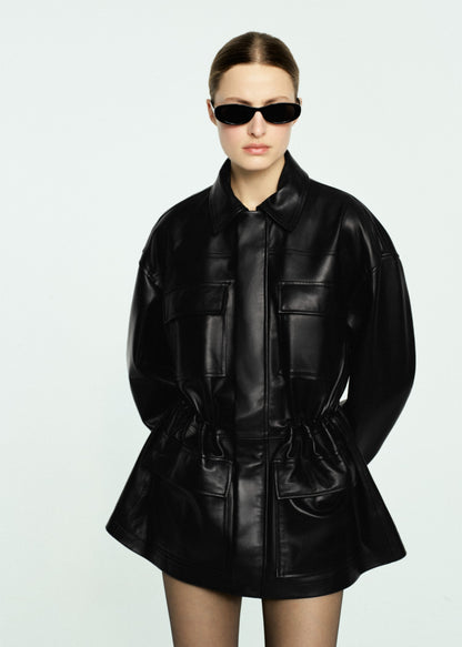 100% leather parka with cinched waist
