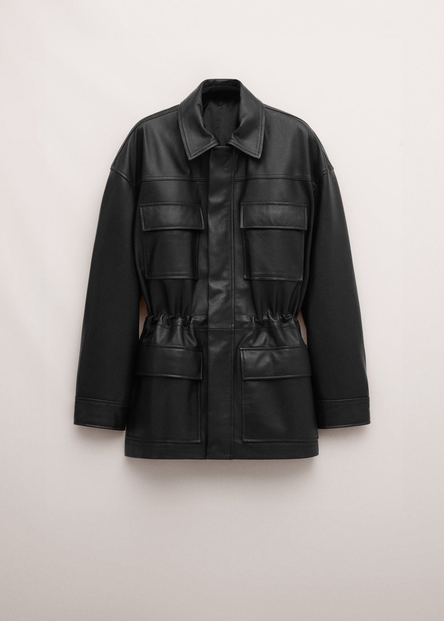 100% leather parka with cinched waist