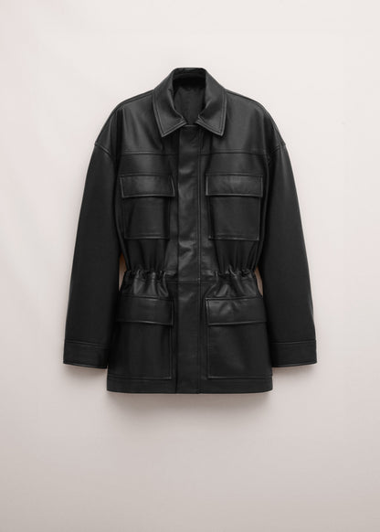 100% leather parka with cinched waist