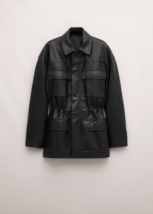 100% leather parka with cinched waist