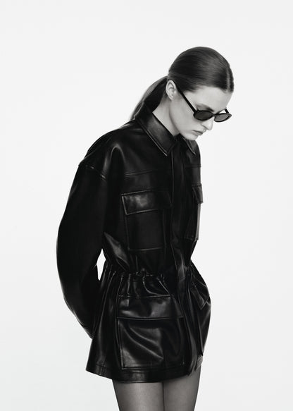 100% leather parka with cinched waist
