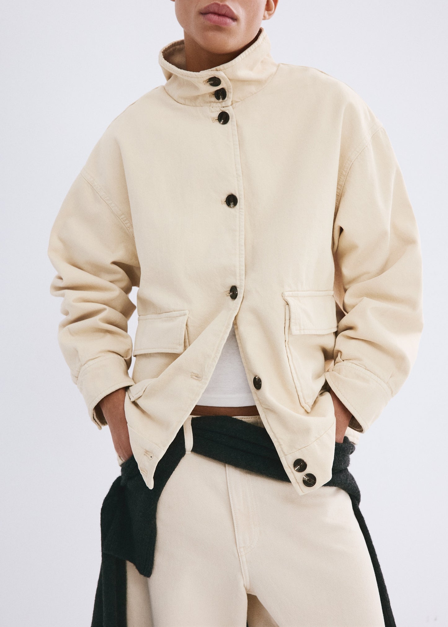 Denim parka with a stand-up collar
